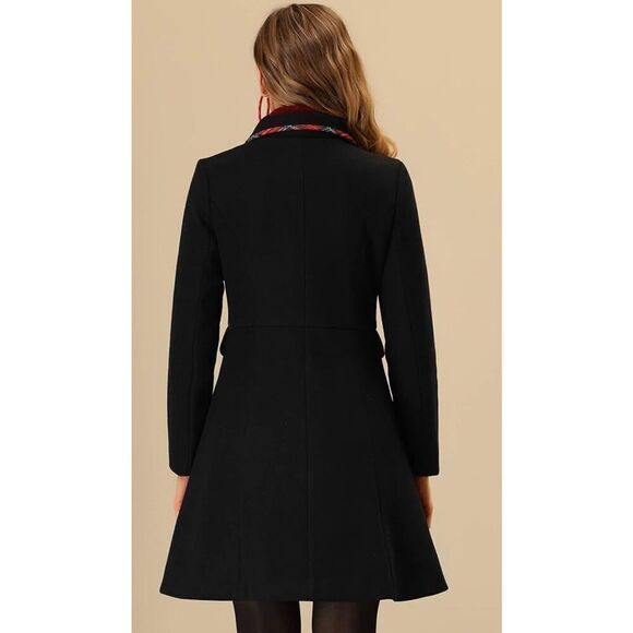 Allegra K Women's Peter Pan Collar Contrast Trim Single Breasted Long Coat - Picture 2 of 8